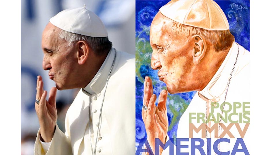 Papal Plagiarism?:  Franco Origlia's photo of Pope Francis (left, via Getty Images); Perry Milou's $1 million painting (right, via Peter Breslow Consulting & Public Relations)