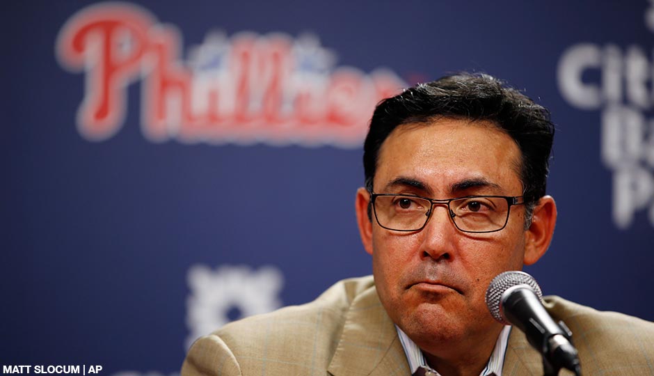 Ruben Amaro Jr. pauses during a news conference before a baseball game against the San Diego Padres, Tuesday, June 10, 2014, in Philadelphia. 