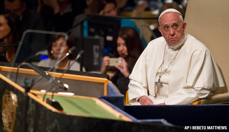Pope Francis listens during his introduction to address the 70th session of the United Nations General Assembly, Friday, Sept. 25, 2015 at United Nations headquarters. 