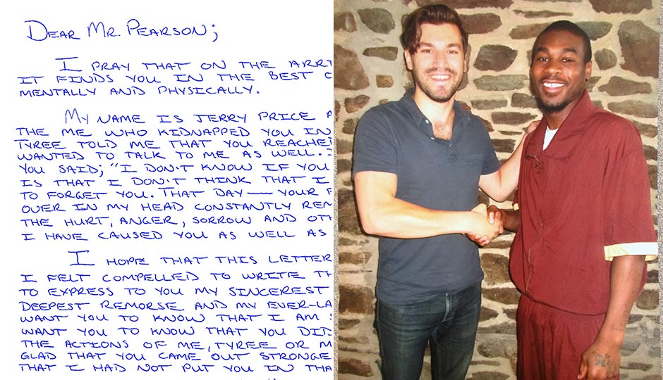 Left: Jerry Price’s first letter to the author. Right: The author and Jerry after their prison meetings.