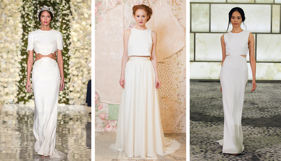 Crop-top and peekaboo gowns from Reem Acra, Ivy & Aster and Rivini. Photos courtesy of the designers. 
