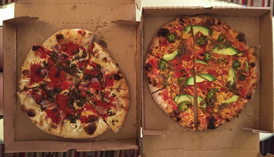 Vegan pizza from Blackbird Pizzeria — the Haymaker Pizza on the left and Nacho Pizza on the right.