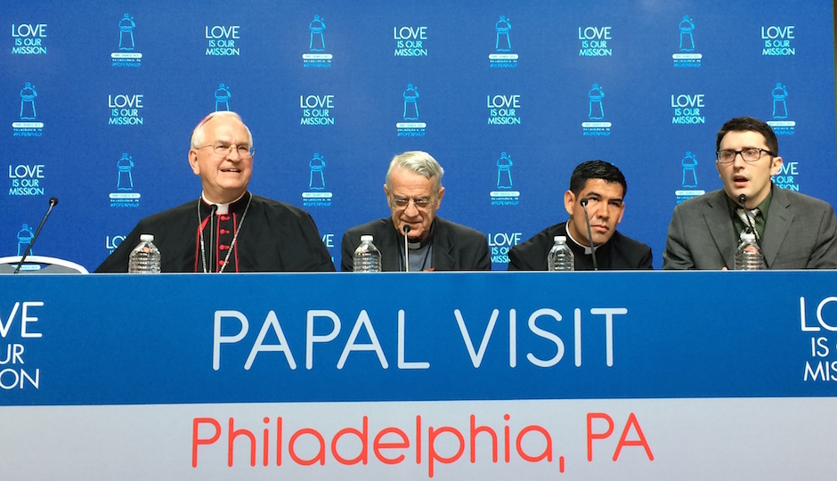 Briefing the media were Louisville Archbishop Joseph Kurtz, Vatican spokesman Rev. Federico Lombardi, his assistant Rev. Manuel Dorantes, and a staffer from the U.S. Conference of Catholic Bishops | Joel Mathis, Philly Mag