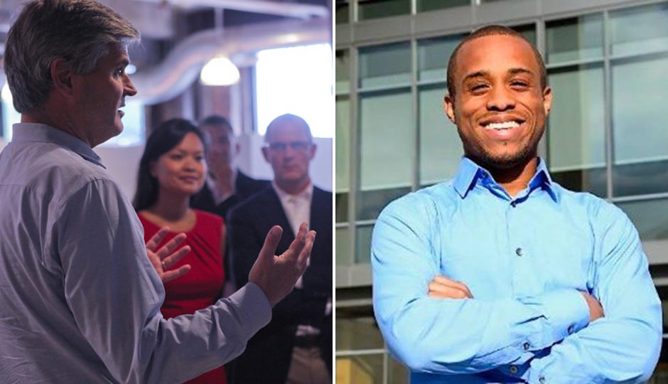 Left: Steve Case talking to a group of entrepreneurs in Detroit during a previous Rise of the Rest tour. (Photo courtesy of Revolution.) Right, Christopher Gray, via LinkedIn