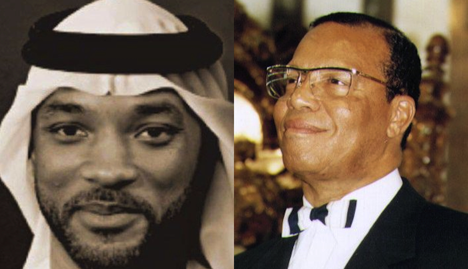 Will Smith in an apparently manufactured image of him wearing a kaffiyeh that has been circulating online and Louis Farrakhan via Wikimedia Commons.