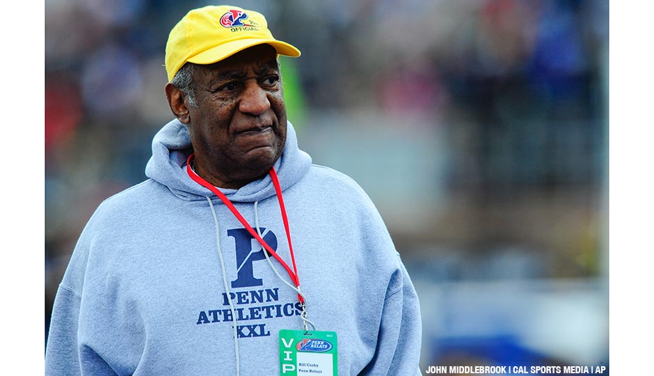 Actor Bill Cosby visits with athletes during the games of the 2011 Penn Relays on April 30, 2011, at Franklin Field.
