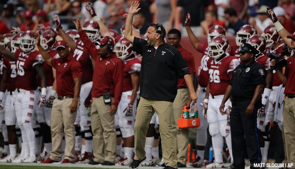 Temple's Matt Rhule in action during an NCAA college football game against Penn State, Saturday, Sept. 5, 2015, in Philadelphia.