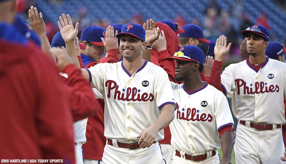 Philadelphia Phillies right fielder Jeff Francoeur (3), center fielder Odubel Herrera (37) and left fielder Aaron Altherr (40) celebrate win in final game of the season at Citizens Bank Park. The Phillies defeated the Marlins, 7-2. 