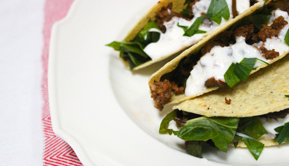 Beef and eggplant tacos with Swiss chard and yogurt sauce | Photo by Becca Boyd
