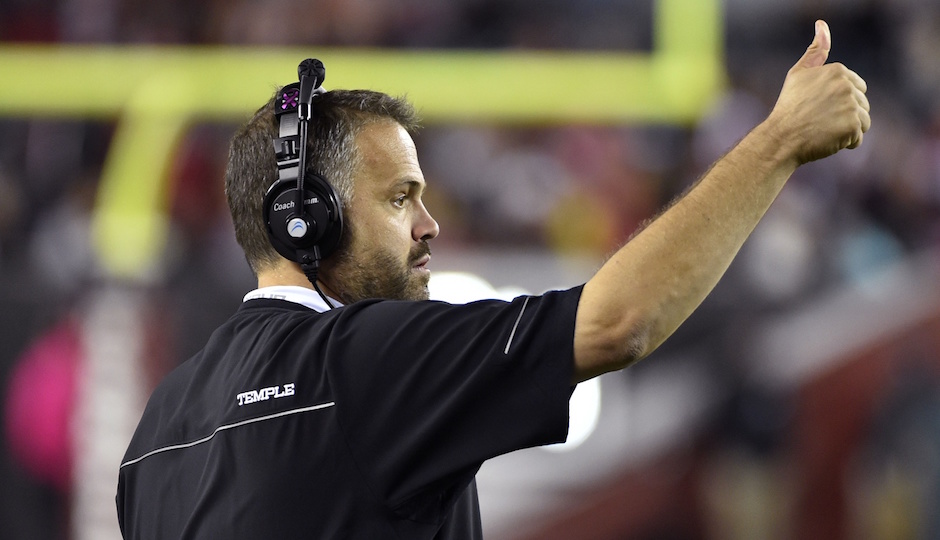  Temple Owls head coach Matt Rhule reacts against the UCF Knights during the second half at Lincoln Financial Field. The Temple Owls won 30-16. | Derik Hamilton-USA TODAY Sports