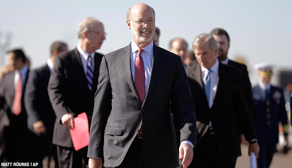  Gov. Tom Wolf arrives for a news conference Wednesday, Nov. 4, 2015, at the Southport Marine Terminal Complex in Philadelphia. 