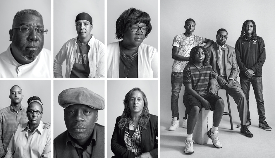 Clockwise from top left: Keith Taylor; Muneera Walker; Anita Friday; Harry Mobley Jr. with his sons Aseda, Omosesan and Akinyele Adebamgbe; Loraine Carter; Schoolly D, Crystal Blunt with her son Michael. Photography by Colin Lenton