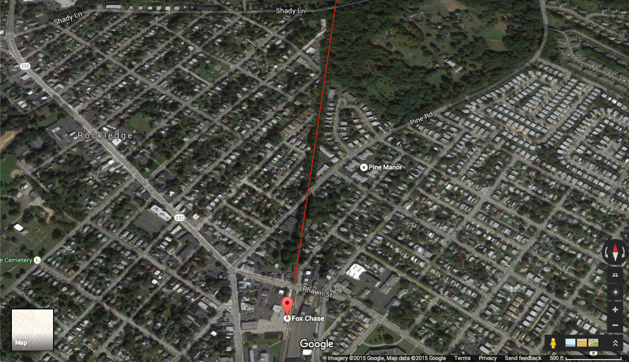 The proposed Fox Chase Lorimer Trail would run from the defunct rail bed across from Fox Chase Station in Northeast Philadelphia to the Pennypack Park Trail | Image via Google Earth | Click to enlarge