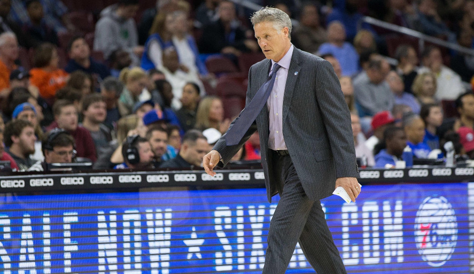 Sixers head coach Brett Brown saw his Philadelphia 76ers set the high water mark for most turnovers in a game during the 2015-16 season for the second consecutive game | Bill Streicher-USA TODAY Sports