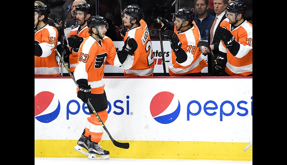 Philadelphia Flyers defenseman Shayne Gostisbehere (53) celebrates his goal against the Los Angeles Kings during the first period at Wells Fargo Center. Photo | Eric Hartline-USA TODAY Sports