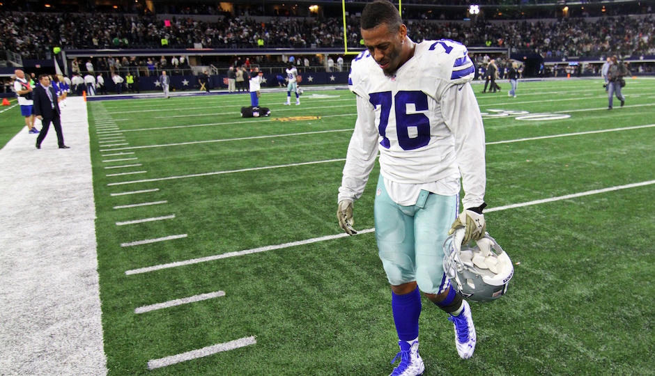 Dallas Cowboys defensive end Greg Hardy (76) leaves the field following a game against the Dallas Cowboys at AT&T Stadium. Eagles won 33-27 in overtime. | Ray Carlin-USA TODAY Sports