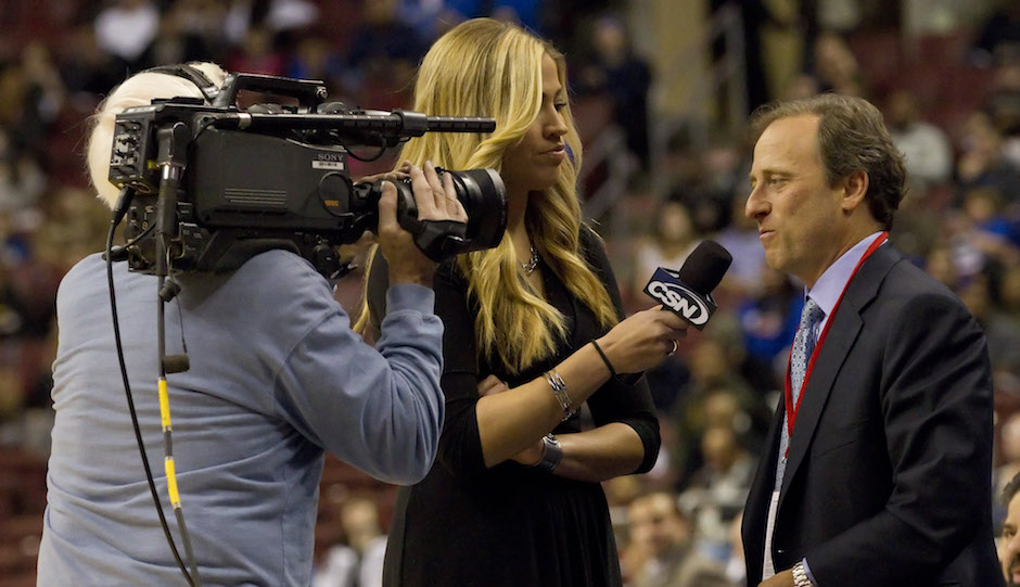 January 6, 2012: Philadelphia 76ers owner Josh Harris gets interviewed by CSN Philly Sixers Sideline reporter Meredith Marakovits during an NBA game. (Cal Sport Media via AP Images)