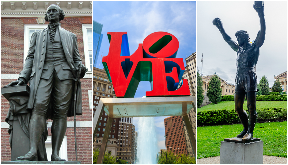 Statue of George Washington (TK), the LOVE Sculpture (f11photo / Shutterstock.com) and the Rocky statue at PMA (Marco Rubino / Shutterstock.com)