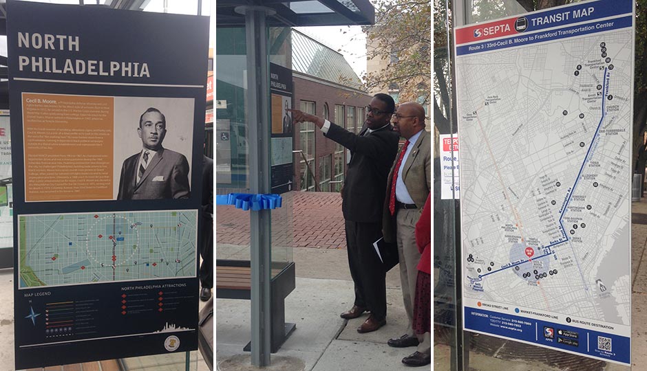 The new shelters will include neighborhood information (left) and bus route information (right). 