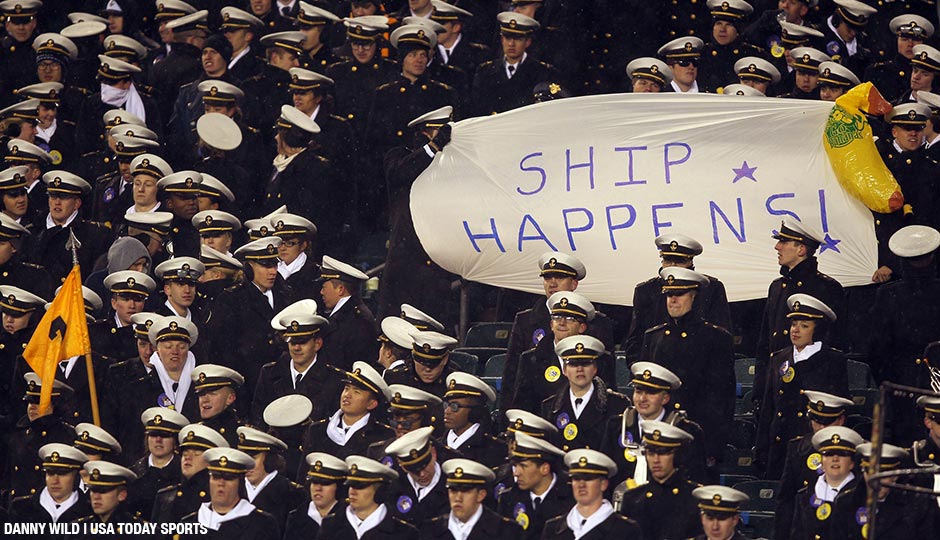 Dec 14, 2013; Philadelphia, PA, USA; Navy Midshipmen fans hold a sign taunting Army during the second half at Lincoln Financial Field. 