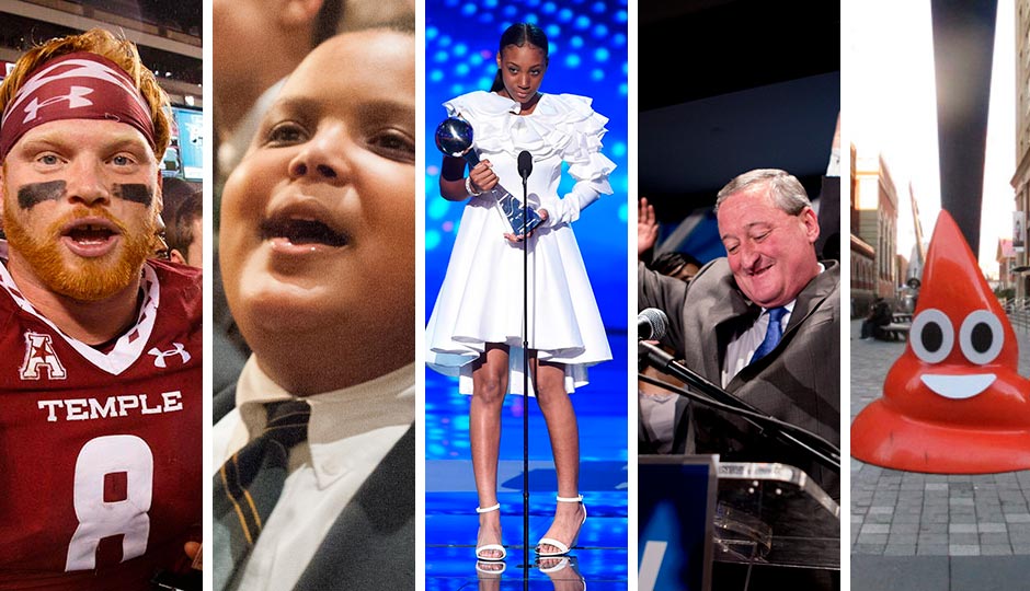 From left: Tyler Matakevich (Chris Szagola, AP), Bobby Hill (courtesy of the Hill family), Mo'ne Davis at the ESPY Awards (Chris Pizzello, Invision, AP), Jim Kenney on election night (Jeff Fusco), Kid Hazo's poop emoji (Streets Department)