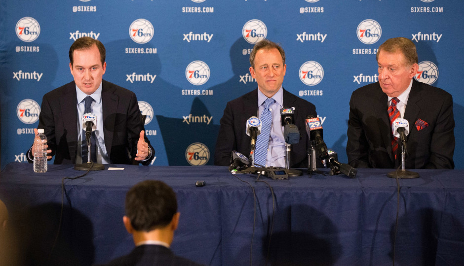 Sixers owner Joshua Harris introduces Jerry Colangelo as the new chairman of basketball operations for the Philadelphia 76ers | Bill Streicher-USA TODAY Sports