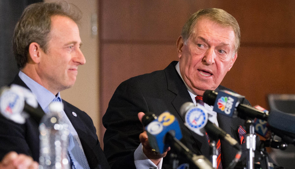 Philadelphia 76ers owner Joshua Harris (L) introduces Jerry Colangelo (R) as special advisor before a game against the San Antonio Spurs at Wells Fargo Center. | Bill Streicher-USA TODAY Sports