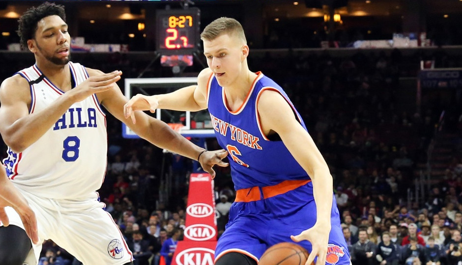 Rookies Kristaps Porzingis and Jahlil Okafor squared off in their first regular season game tonight as the Sixers fell to the New York Knicks 107-97 | Bill Streicher-USA TODAY Sports