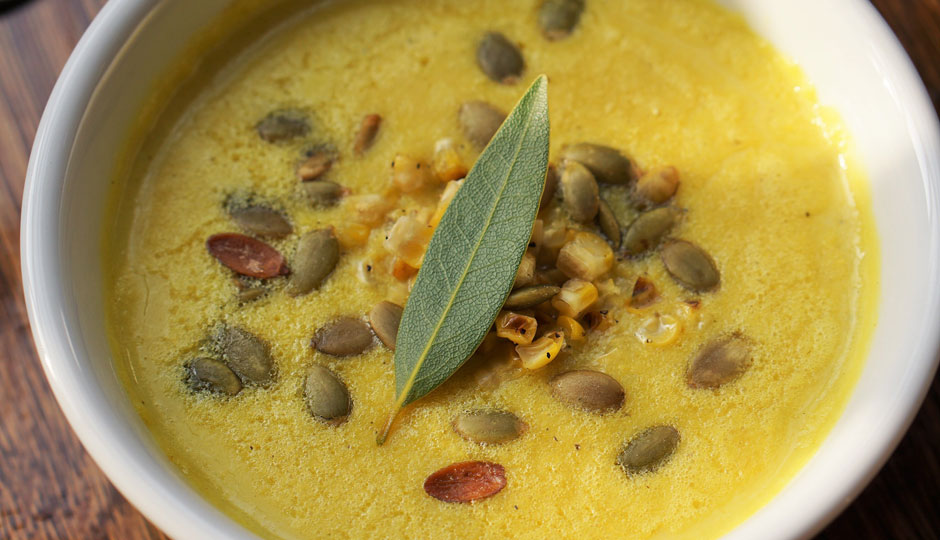 Sweet Corn Bisque (GF) Chive Oil, Roasted Corn, Toasted Pumpkin Seed
