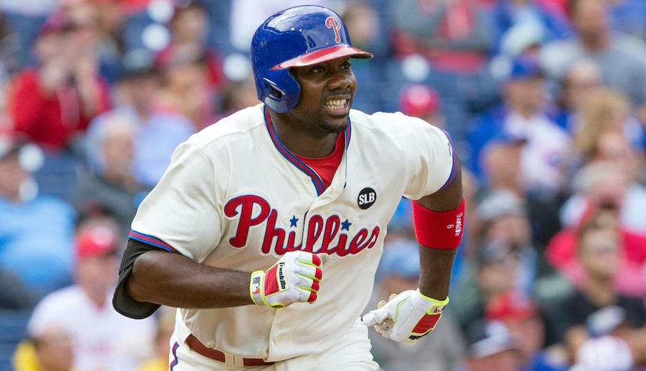 Philadelphia Phillies first baseman Ryan Howard (6) runs the bases after hitting a two RBI home run during the third inning against the Chicago Cubs at Citizens Bank Park. | Bill Streicher-USA TODAY Sports