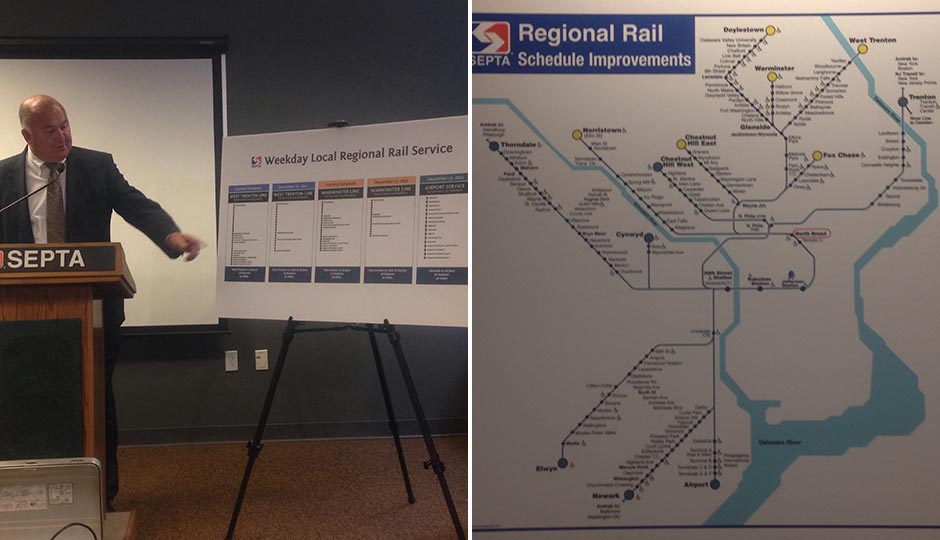 SEPTA's Ron Hopkins explains new service patterns on the Warminster, West Trenton and Airport lines (left). A map of the regional rail system with a North Broad bottleneck highlighted. Photos | Sandy Smith
