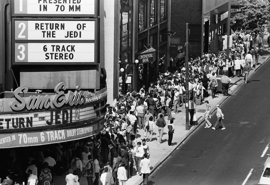 Movie fans line up on Philadelphia's Chestnut Street for the premiere of the Movie "Return of the Jedi" Wednesday May 23, 1983. Fans began lining up Tuesday night to see the Star Wars trilogy. (AP Photo/ George Widman)