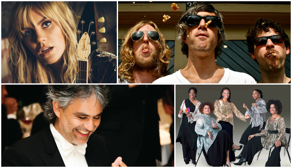 From top left, going clockwise: Grace Potter, We Are Scientists, Sweet Honey In the Rock, Andrea Bocelli