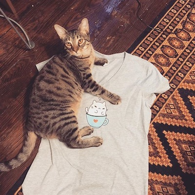 Beef putting his stamp of approval on the cafe's logo t-shirt.