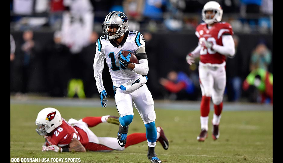 Carolina Panthers wide receiver Corey Brown (10) runs for a touchdown during the first quarter against the Arizona Cardinals in the NFC Championship football game at Bank of America Stadium.