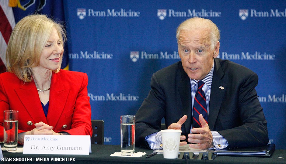 Vice President Joe Biden, pictured with Penn's Dr. Amy Gutmann, launches a "moonshot" initiative to hasten a cure for cancer at Penn Medicine's Abramson Cancer Center in Philadelphia on January 15, 2016.