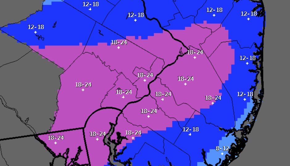The National Weather Service’s latest snowfall prediction map as of 4 p.m. Friday.