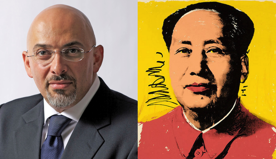 Left: British Parliament member Nadhim Zahawi in official British government photo. Right: One of the Warhol paintings in question.