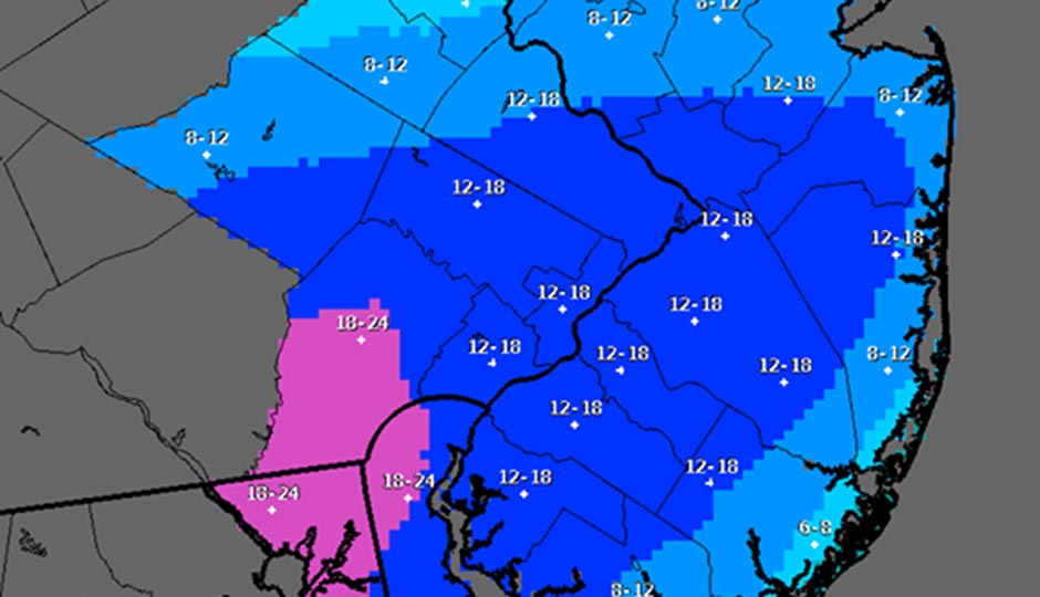 The National Weather Service's latest snowfall prediction map as of 5 a.m. Friday 