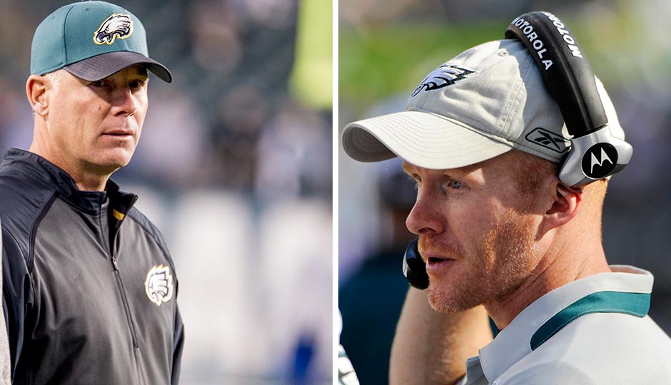 Left: Pat Shurmur (Jeff Fusco); Right: Sean McDermott as the Eagles defensive coordinator in 2009 (Howard Smith, USA Today Sports)