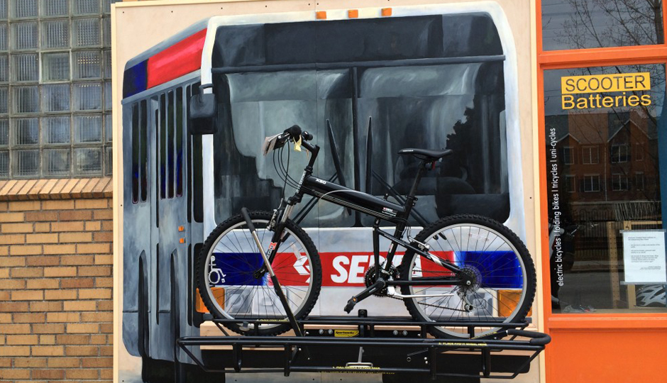 SEPTA bus mural with working bike rack | Photo via the Philly Electric Wheels blog