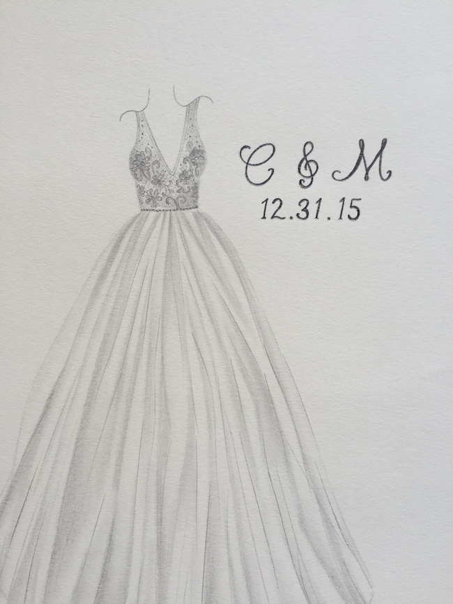 Brushing Bride's graphite-sketch version of my dress. 