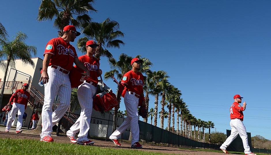 Members of the Philadelphia Phillies take the field at the start of their workout at Bright House Field on Feb 20, 2016 in Clearwater. Photo | Jonathan Dyer-USA TODAY Sports