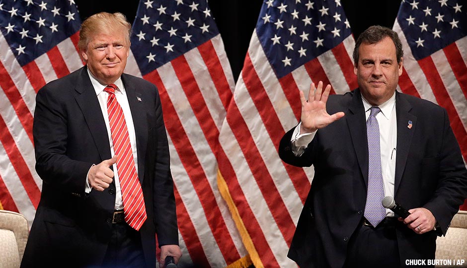 Republican presidential candidate Donald Trump, left, gives a thumbs up to the crowd as he is introduced by New Jersey Gov. Chris Christie, right, at a rally at Lenoir-Rhyne University in Hickory, N.C., Monday, March 14, 2016. 