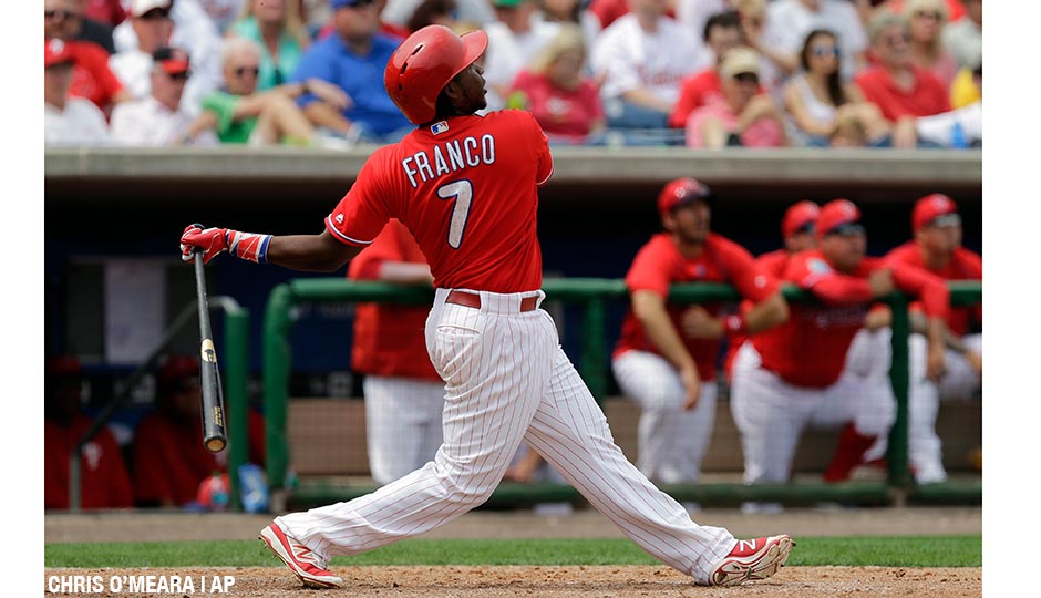 Maikel Franco hits a three-run home run off Pirates relief pitcher Guido Knudson on Friday, March 18th.