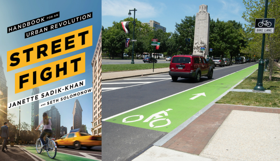 The evolution of Philly's bike lane network and the launch of the Indego bike-share system owe a debt to Street Fight author and former NYC Transportation Commissioner Janette Sadik-Khan. Modified photo of Ben Franklin Parkway bike lane | Flickr user karmacamilleon, used under CC-BY-NC-ND-2.0