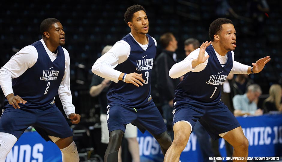 Villanova Wildcats players Kris Jenkins (2) , Josh Hart (3) and Jalen Brunson (1) warm up during a practice day before the first round of the NCAA men's college basketball tournament at Barclays Center. 