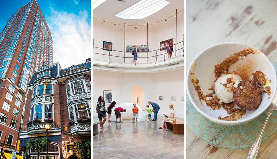From left: The Dandelion in Rittenhouse; Woodmere Art Museum in Chestnut Hill; dessert from Talula’s Garden on Washington Square. From left, photo by: Nell Hoving; J. Fusco for Visit Philadelphia; Courtney Apple.