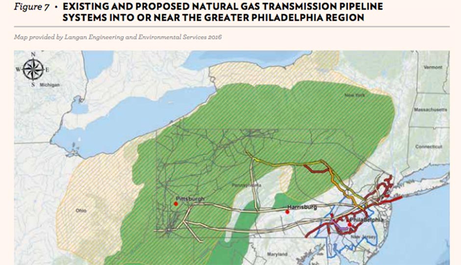 A map of proposed natural gas pipelines into or near the greater Philadelphia region taken from "A Pipeline for Growth." 