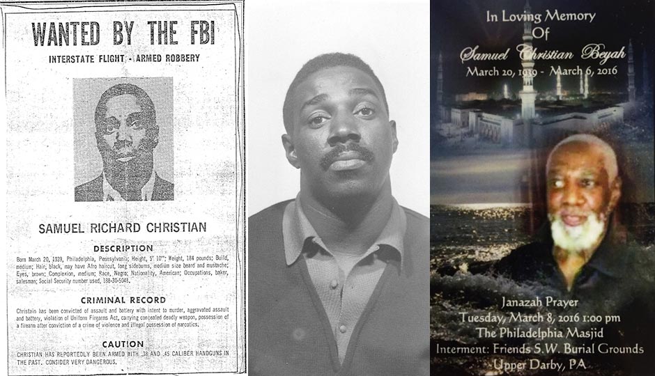 Samuel Christian’s FBI Most Wanted poster from late 1973, a mugshot from 1968, and a funeral announcement.